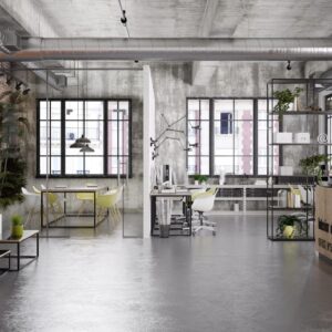stripped-back elements of an industrial office design